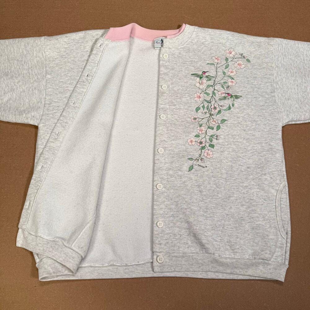 Vintage Floral Artisans Button Cardigan Hummingbird Garden Sweatshirt XL - Picture 2 of 8
